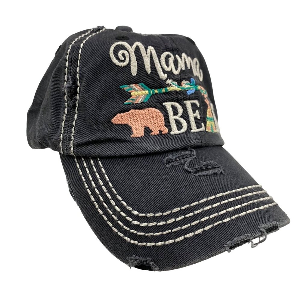 KB Ethos Mama Bear Boho Embroidered Trendy Distressed Hat Cap 100% Cotton